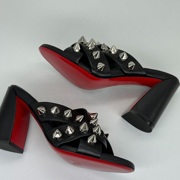 Christian Louboutin SPIKA CLUB Spiked Leather Mule Block Heel Sandals Shoes - Picture 11 of 14